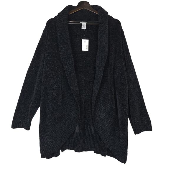 Catherines Women's Polyester Cardigan Sz 2X Open Front Mock Neck Ribbed Black - Picture 2 of 8